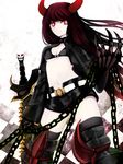  bad_id bad_pixiv_id belt bikini_top black_gold_saw black_legwear black_rock_shooter breasts chain checkered checkered_background cleavage cropped_jacket highres horns king_saw long_hair looking_at_viewer meiko_(puua) midriff navel pale_skin red_eyes red_hair short_shorts shorts skull small_breasts smile solo sword thighhighs underboob unzipped weapon 