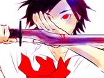  bad_id bad_pixiv_id black_hair blood blood+ covering_one_eye cutting glowing glowing_eyes katana otonashi_saya portrait red_eyes school_uniform serious short_hair solo sword tora_(sakuai) weapon wind 