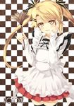  apron blonde_hair bow checkered checkered_background feather_duster frills hair_bow hair_ornament hair_ribbon hairclip kirishima_kotone kouji_(campus_life) maid nyan_koi! ribbon solo thighhighs twintails zettai_ryouiki 