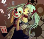  aqua_eyes asanome card choker dress gears green_hair hatsune_miku highres karakuri_pierrot_(vocaloid) long_hair mask open_mouth solo tears twintails vocaloid 