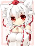  animal_ears bad_id bad_pixiv_id blush breasts covered_nipples detached_sleeves hat highres impossible_clothes impossible_shirt inubashiri_momiji medium_breasts pom_pom_(clothes) red_eyes sawatari_(sado) shirt solo tokin_hat touhou white_hair wolf_ears 