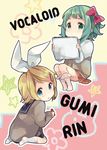  all_fours bad_id bad_pixiv_id blonde_hair blue_eyes bow character_name child crayon green_eyes green_hair gumi hair_bow hair_ornament hair_ribbon hairclip kagamine_rin looking_at_viewer multiple_girls ousaka_nozomi ribbon short_hair sitting skirt vocaloid younger 