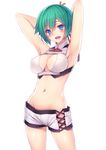  aquarion_(series) aquarion_evol armpits arms_behind_head arms_up blue_eyes blush breasts cleavage cleavage_cutout green_hair groin large_breasts midriff navel no_bra no_panties open_mouth pen_(steelleets) short_hair short_shorts shorts solo white_background zessica_wong 