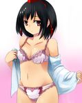  black_hair bra breasts cleavage gradient gradient_background hat hat_ribbon lingerie looking_at_viewer medium_breasts navel off_shoulder open_clothes open_shirt panties pink_background purple_bra purple_panties red_eyes ribbon sawamura_hikaru shameimaru_aya shirt short_hair solo stomach sweatdrop tokin_hat touhou underwear underwear_only undressing 