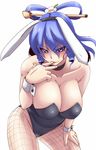  &gt;:) animal_ears blue_eyes blue_hair breasts bunny_ears bunnysuit choker cleavage collarbone drill_hair finger_in_mouth fishnet_pantyhose fishnets hair_over_eyes hair_rings hand_on_thigh hips kaku_seiga kurozako large_breasts leaning_forward long_hair looking_at_viewer naughty_face pantyhose parted_lips seductive_smile simple_background smile solo thighs touhou twin_drills twintails v-shaped_eyebrows white_background wide_hips wrist_cuffs 