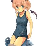  adjusting_clothes adjusting_swimsuit bare_shoulders bat_wings blue_eyes blush long_hair monorino one-piece_swimsuit original pink_hair pointy_ears ponytail school_swimsuit solo swimsuit tail water wings 