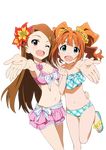  ;d absurdres artist_request bikini blue_eyes breasts brown_hair cleavage flower front-tie_top green_bikini hair_flower hair_intakes hair_ornament hairband happy highres idolmaster idolmaster_(classic) long_hair minase_iori multiple_girls navel one_eye_closed open_mouth orange_hair outstretched_hand pink_bikini red_eyes sandals small_breasts smile swimsuit takatsuki_yayoi thigh_gap third-party_edit transparent_background twintails 