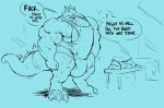  ! ... anthro biceps clothed clothing dialogue dinosaur english_text erection erection_under_clothes humanoid_penis hyper hyper_penis male muscular muscular_male nipples pecs penis scalie solo standing sweat text wrestling_singlet ws 