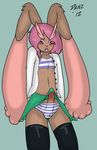  blush bulge clothing crossdressing daniruu girly hair lagomorph legwear long_ears lopunny male mammal nintendo open_shirt panties penis pink_eyes pink_hair pok&#233;mon pok&eacute;mon quartz_(dani) rabbit school_uniform shiny_pok&#233;mon shiny_pokemon shirt skirt solo sports_bra stockings striped_panties stripes trap underwear video_games 