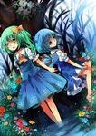  anthiea ascot bad_id bad_pixiv_id barefoot blue_eyes blue_hair bow cirno daiyousei dress dress_shirt dutch_angle flower green_eyes green_hair hair_bow leaf light_particles looking_away multiple_girls open_hand open_mouth ribbon rose shirt short_hair side_ponytail sitting skirt soaking_feet standing touhou tree vest water wings 