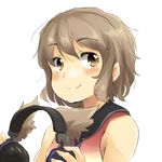  bare_shoulders blush brown_eyes brown_hair closed_mouth earmuffs face grey_eyes grey_hair headwear_removed looking_away shirt short_hair simple_background sleeveless sleeveless_shirt smile solo touhou toyosatomimi_no_miko upper_body white_background yudepii 