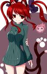  animal_ears bad_id bad_pixiv_id bottomless cat_ears cat_tail green_shirt kaenbyou_rin kuromari_(runia) multiple_tails naked_sweater no_pants red_eyes red_hair shirt smile solo sweater tail touhou 