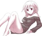  :o ass bare_legs bare_shoulders barefoot bottomless long_hair looking_at_viewer lying naked_sweater on_back open_mouth original pink_eyes pink_hair ribbed_sweater simple_background solo sweater tokita_monta white_background 