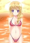  aosi_(wasabiranzy) bad_id bad_pixiv_id bikini blonde_hair braid breasts charlotte_dunois cleavage highleg highleg_bikini highleg_swimsuit infinite_stratos long_hair medium_breasts purple_eyes solo sunset swimsuit 