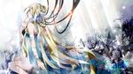  bandages bare_shoulders blindfold blonde_hair blue_dress dress headphones jewelry light_rays lily_(vocaloid) long_hair nail_polish necklace sitting snowflakes solo sunbeam sunlight tyouya very_long_hair vocaloid 