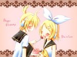  1girl blonde_hair brother_and_sister cake closed_eyes food fruit hair_ornament hairclip happy_birthday headphones highres kagamine_len kagamine_rin meiya_neon open_mouth siblings strawberry twins vocaloid 