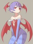  animal_print bare_shoulders bat_print bat_wings blue_legwear grey_background head_wings leotard lilith_aensland pantyhose print_legwear puchiman purple_hair red_eyes red_leotard short_hair simple_background solo vampire_(game) wings 