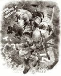  1boy bird boots chicken copyright_name excalibur_junior gamebook grailquest konno_takashi looking_back male_focus monochrome one_eye_closed pip_(grailquest) ponytail shield sword tombstone weapon 