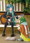  acoustic_guitar aqua_hair bench black_legwear can casual closed_eyes coat eyewear_on_head glasses green_hair green_scarf guitar gumi hannyag hatsune_miku highres instrument long_hair multiple_girls nail_polish necktie open_mouth polka_dot red-framed_eyewear scarf sheet_music short_hair sitting skirt smile striped striped_legwear thighhighs twintails vertical-striped_legwear vertical_stripes very_long_hair vocaloid white_scarf zettai_ryouiki 