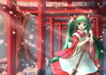  :d bamboo_broom broom cherry_blossoms green_eyes green_hair hatsune_miku japanese_clothes light_rays long_hair miko multiple_torii mushiboy open_mouth petals smile solo sunbeam sunlight torii twintails very_long_hair vocaloid 