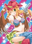  bikini blonde_hair breasts cleavage cowboy_hat fingerless_gloves fringe_trim gloves green_eyes gun handgun hat hoshii_miki idolmaster idolmaster_(classic) kashiwagi_kano long_hair medium_breasts one_eye_closed revolver short_shorts shorts solo swimsuit weapon western 