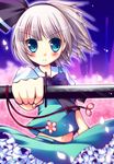  blush konpaku_youmu looking_at_viewer meiya_neon short_hair silver_hair solo sword touhou weapon 