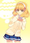  bad_id bad_pixiv_id blonde_hair brown_eyes cardigan character_name hairband hitohira_(shiroringo48) kise_yayoi nanairogaoka_middle_school_uniform precure school_uniform short_hair skirt smile_precure! solo white_hairband yellow_background 