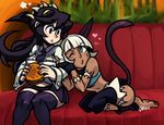  animal_ears aqua_eyes arm_grab audrey_kare bare_shoulders barefoot black_hair black_legwear bob_cut breasts cat_ears cat_tail couch crop_top dark_skin extra_mouth filia_(skullgirls) food hamburger leg_warmers long_hair medium_breasts ms._fortune_(skullgirls) multiple_girls necktie one_eye_closed prehensile_hair red_eyes samson_(skullgirls) scar shirt short_hair skirt skullgirls tail thick_thighs thighhighs thighs white_hair 