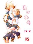 1girl 2010 animal_ears blonde_hair brother_and_sister closed_eyes highres hug kagamine_len kagamine_rin kemonomimi_mode meiya_neon paws short_hair siblings smile tail tiger_ears tiger_tail twins vocaloid 