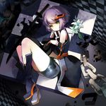  black_rock_shooter black_rock_shooter_(game) boots chain checkered coat flower from_above gray_(black_rock_shooter) grey_hair highres katana lily_(flower) looking_at_viewer looking_up lying on_side sheska_xue short_hair shorts solo sword weapon yellow_eyes 