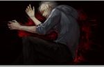  ao666 black_background blood fate/zero fate_(series) grey_hair hood hoodie lying male_focus matou_kariya realistic scar solo 