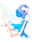  bad_id bad_pixiv_id barefoot blue_eyes blue_hair blush bow cirno hair_bow looking_at_viewer meiya_neon open_mouth short_hair smile solo touhou 