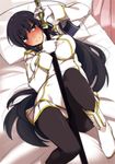  aiba-tsukiko armband bed black_hair blue_eyes blush boots gloves ikaruga_(senran_kagura) katana long_hair lying on_back pantyhose pillow ready_to_draw senran_kagura senran_kagura_shoujo-tachi_no_shin'ei sheath solo sword uniform very_long_hair weapon white_gloves 