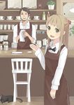  1girl apron ataru_(ataru_squall) black_hair blonde_hair brown_eyes cafe cat chair long_hair open_mouth original short_hair smile waitress 