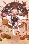  ahoge blue_eyes boots candy chocolate choker cookie doughnut food food_on_face heart ia_(vocaloid) kamome_yuu long_hair looking_at_viewer marshmallow md5_mismatch mismatched_legwear open_mouth pink_hair pinky_out pocky single_thighhigh skirt solo thighhighs valentine very_long_hair vocaloid 