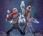  antennae belt commentary_request earth echoes7 glowing glowing_eyes kamen_rider kamen_rider_fourze kamen_rider_fourze_(series) kamen_rider_super-1 kamen_rider_super-1_(series) multiple_boys pose space 