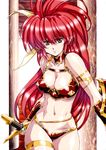  absurdres armlet armor bikini_armor breasts cowboy_shot highres holding holding_shield holding_sword holding_weapon long_hair medium_breasts navel ponytail red_eyes red_hair serious shield solo sword thigh_strap urushihara_satoshi weapon 
