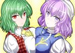 antennae ascot between_breasts blue_dress blush breast_press breast_smother breasts capelet clothes_between_breasts dress green_hair hat kazami_yuuka large_breasts letty_whiterock looking_at_viewer multiple_girls purple_eyes purple_hair red_eyes shirt short_hair symmetrical_docking touhou vest when_you_see_it wriggle_nightbug y2 