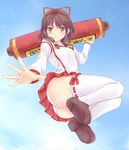  bell blush brown_hair emi_shiori from_below highres minazuki_(jo) panties psychic_force skirt solo thighhighs underwear upskirt white_legwear white_panties yellow_eyes 