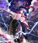  black_legwear blue_hair breasts cloud hat highres lightning medium_breasts nagae_iku pantyhose pointing red_eyes short_hair skirt solo torn_clothes torn_legwear torn_skirt touhou umigarasu_(kitsune1963) 