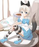  akitatta animal_ears bad_id bad_pixiv_id blue_eyes blush bow cup eila_ilmatar_juutilainen fork grey_hair hair_bow heart long_hair maid mary_janes minigirl plate shoes sitting solo strike_witches striped striped_legwear sugar_cube tail teacup teapot thighhighs world_witches_series 