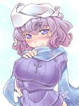  alternate_costume blue_eyes blue_scarf breast_hold breast_suppress breasts curly_hair hat head_tilt highres hips jewelry large_breasts lavender_hair letty_whiterock naked_sweater necklace nyagakiya polearm purple_eyes purple_hair ribbed_sweater scarf short_hair sky smile snowflakes solo sweater touhou trident upper_body weapon 