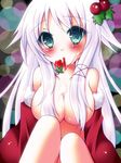  anceril_sacred blush borrowed_character breasts cleavage food fruit hair_censor hair_over_breasts large_breasts long_hair meiya_neon mouth_hold nude original shirokami_project solo strawberry very_long_hair 