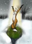  female fox foxia grass magic mammal nude outside raised_arm scenery snow solo tree wood 