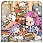  apron bat_wings blonde_hair blue_hair bow bowl chibi chocolate closed_eyes crescent crescent_hair_ornament cup flandre_scarlet hair_bow hair_ornament hat heart hong_meiling hounori izayoi_sakuya long_hair maid_headdress multiple_girls no_hat no_headwear open_mouth patchouli_knowledge purple_hair red_eyes red_hair refrigerator remilia_scarlet side_ponytail sleeves_rolled_up test_tube touhou white_hair wings 