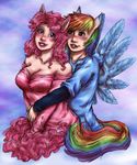  animal_ears big_breasts blue_eyes blush breasts cleavage clothed clothing couple dress duo equine female friendship_is_magic hair horse human hybrid lesbian mammal multi-colored_hair my_little_pony pegasus pink_eyes pink_hair pinkie_pie_(mlp) pony rainbow_dash_(mlp) rainbow_hair rainbow_tail smile tail wings yeaka 