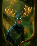  antlers batman batman_(series) cervine clothing forest grass horn looking_at_viewer male mammal moose morgan_thomas outside parody scenery solo talent-subject_disagreement tree unknown_artist what wood 