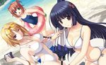  beach bikini black_hair blonde_hair breasts brown_hair cleavage ellen_aice eyewear_on_head flower green_eyes hair_flower hair_ornament hair_ribbon highres himukai_kyousuke innertube large_breasts long_hair lotion miono_shizuku multiple_girls muvluv muvluv_alternative navel o-ring o-ring_swimsuit ocean one-piece_swimsuit one_eye_closed purple_eyes ribbon sand sendou_yuzuka short_hair side-tie_bikini smile sunglasses sunscreen swimsuit water 