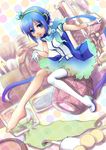  aoki_lapis barefoot blue_eyes blue_hair cosmetics gloves hair_ornament headset highres kunn legs long_hair looking_at_viewer minigirl nail_polish_bottle perfume_(cosmetics) scarf shoes single_shoe single_thighhigh sitting skirt solo thighhighs tourmaline twintails very_long_hair vocaloid 