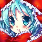  aqua_eyes aqua_hair blush bow face frills hair_bow hair_ribbon kagiyama_hina looking_at_viewer lowres meiya_neon open_mouth ribbon smile solo star teeth touhou 